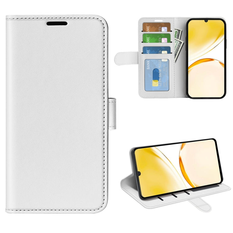 White leather flip phone case with textured finish, card slot window and flip cover.