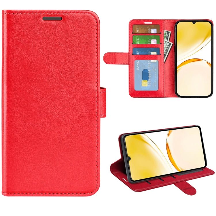 Red leather flip phone case with textured finish, card slots, and kickstand cover.