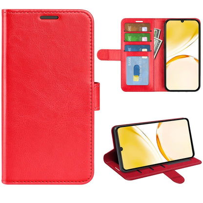 Red leather flip phone case with textured finish, card slots, and kickstand cover.