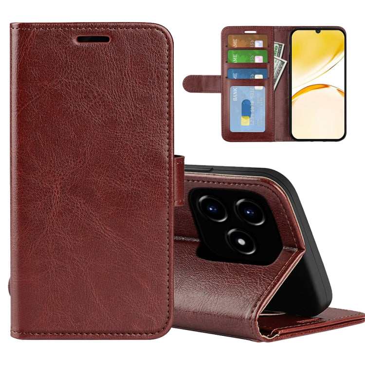 Brown leather flip phone case with textured finish, card slot, and camera cutout.