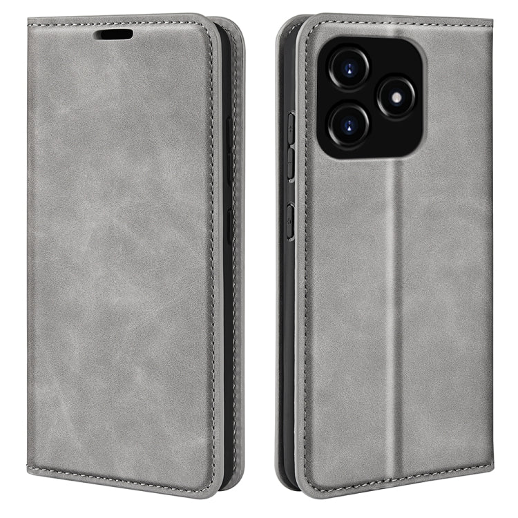 Grey magnetic suction leather phone case with flip cover and rear camera cutout