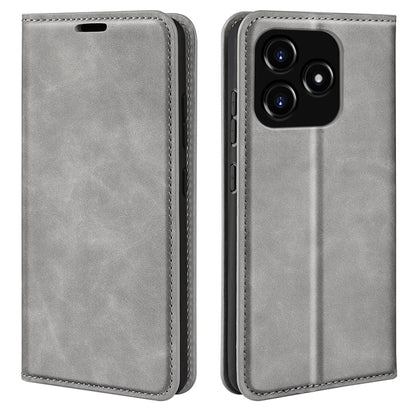 Grey magnetic suction leather phone case with flip cover and rear camera cutout