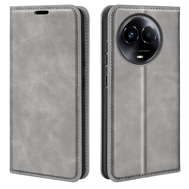 Grey magnetic suction leather phone case with flip cover and camera cutout