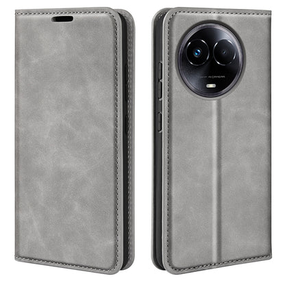 Grey magnetic suction leather phone case with flip cover and camera cutout