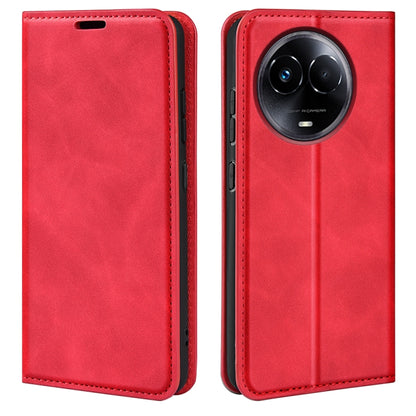Red magnetic suction leather phone case with flip cover and camera cutout
