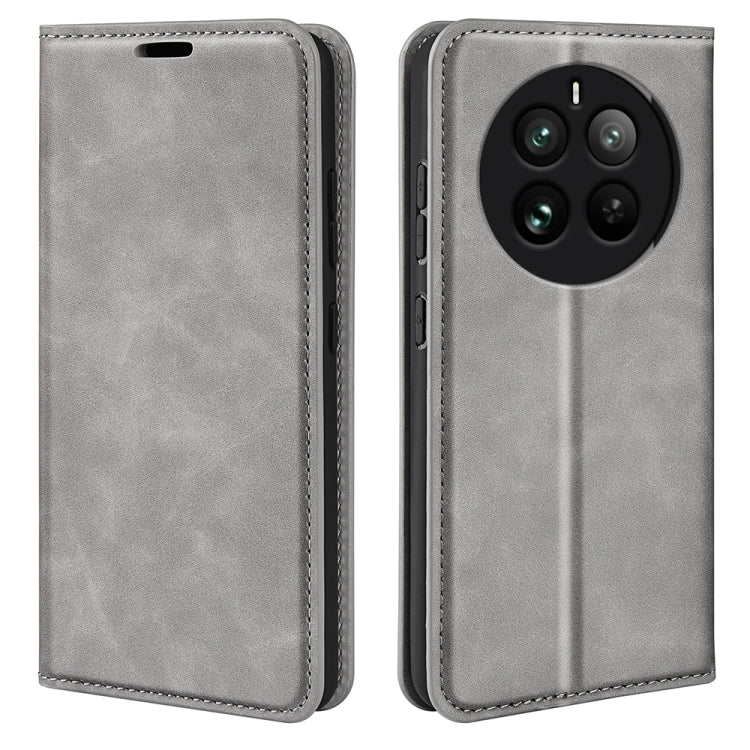 Grey leather phone case with stitched trim and camera cutout (quad-lens)
