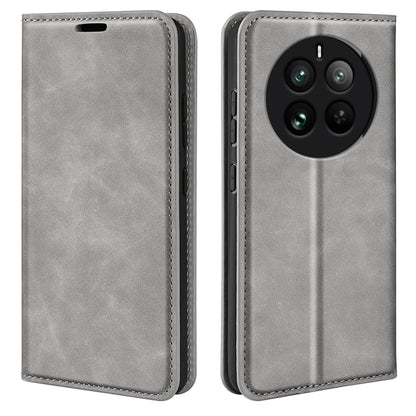 Grey leather phone case with stitched trim and camera cutout (quad-lens)