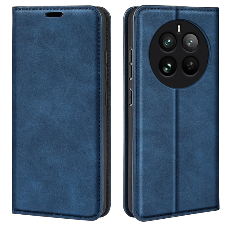 Dark blue leather phone case with stitched trim and camera cutout (quad-lens)
