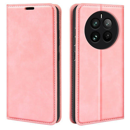 Pink leather phone case with stitched trim and camera cutout (quad-lens)