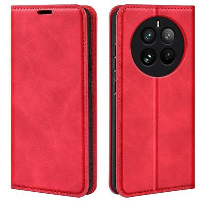 Red leather phone case with stitched trim and camera cutout (quad-lens)