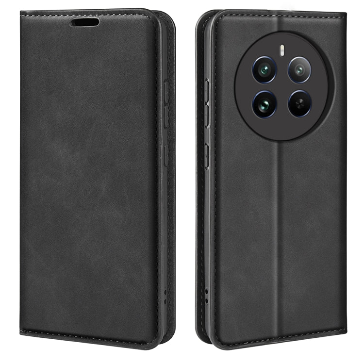 Black leather-style flip phone case with front cover and camera cutout on back.