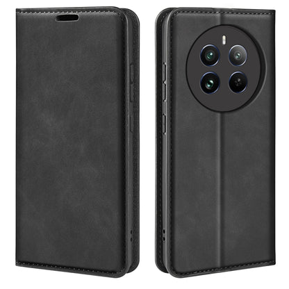 Black leather-style flip phone case with front cover and camera cutout on back.