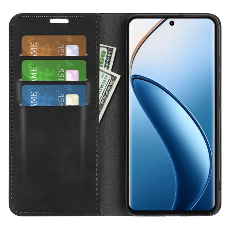 Black leather-style flip phone case with card slots and screen cover.