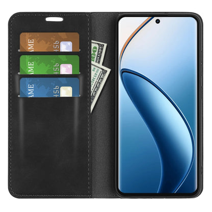Black leather-style flip phone case with card slots and screen cover.