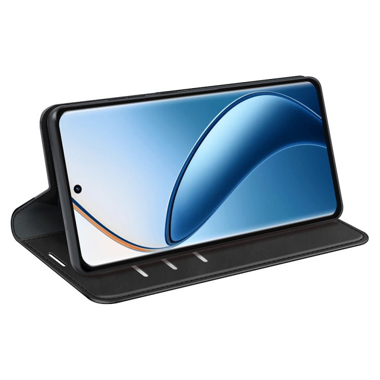 Black leather-style phone case with fold-out kickstand and side camera cutout.