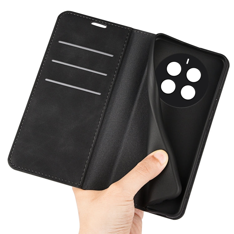Black leather-style flip phone case open with card slots and camera cutout.