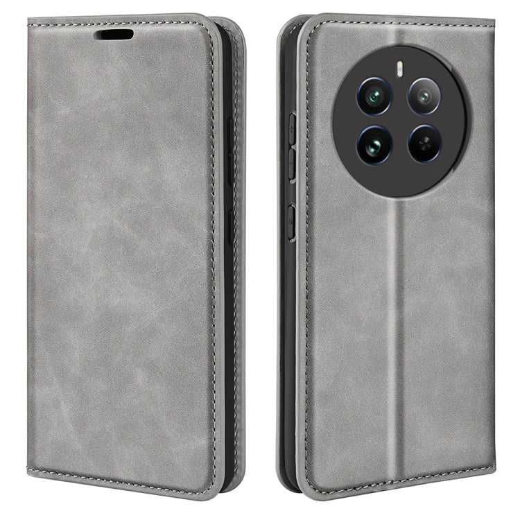 Grey leather-style flip phone case front and back with camera cutout.