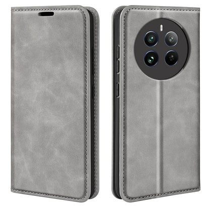 Grey leather-style flip phone case front and back with camera cutout.