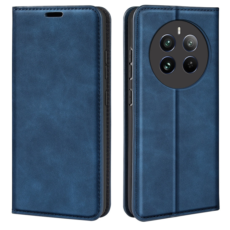 Dark blue leather-style flip phone case front and back with camera cutout.