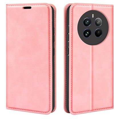 Pink leather-style flip phone case front and back with camera cutout.