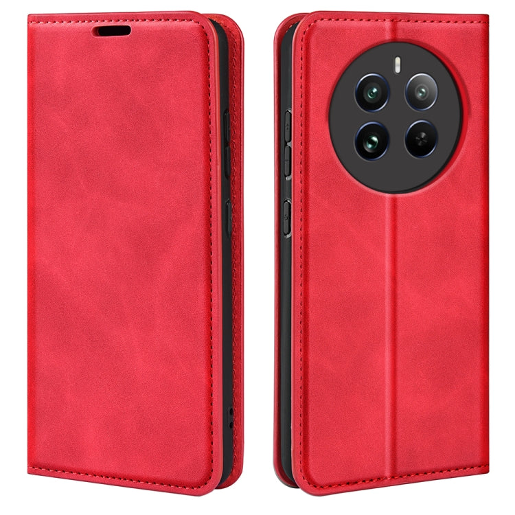 Red leather-style flip phone case front and back with camera cutout.