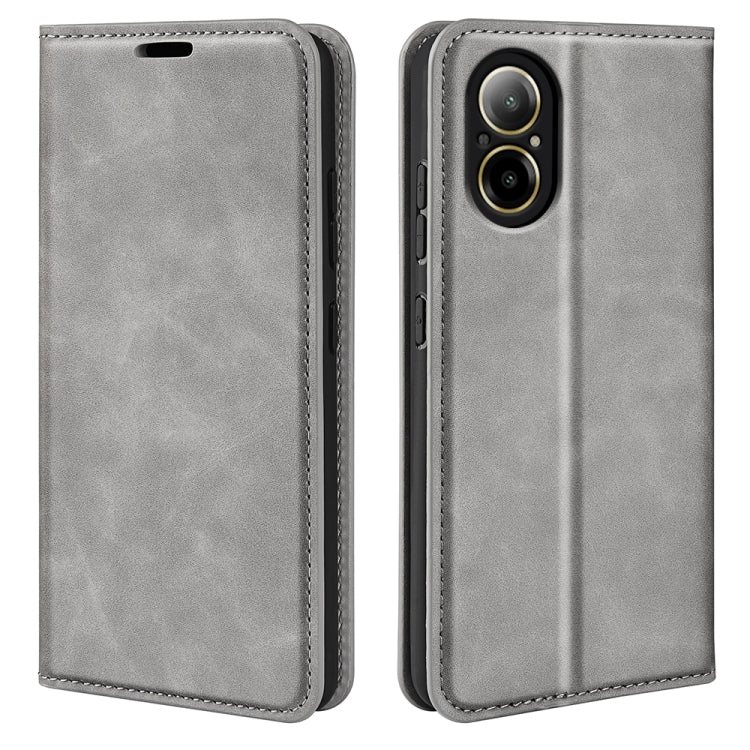 Grey leather phone case with stitched trim and camera cutout (dual-lens)