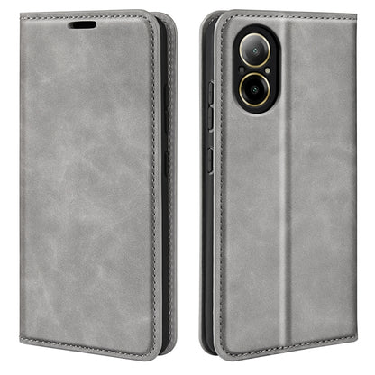 Grey leather phone case with stitched trim and camera cutout (dual-lens)