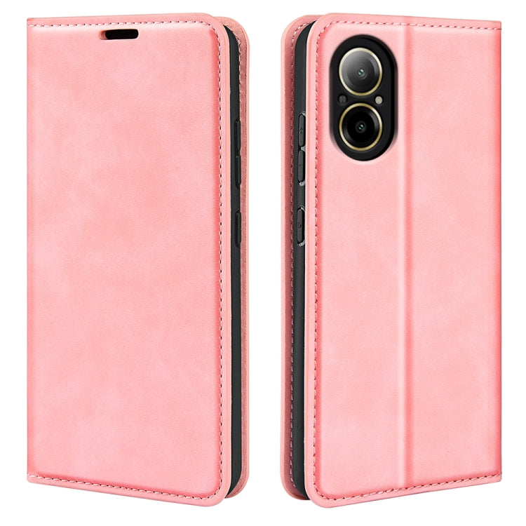 Pink leather phone case with stitched trim and camera cutout (dual-lens)