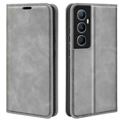 Grey magnetic leather phone case with flip cover and camera cutout.