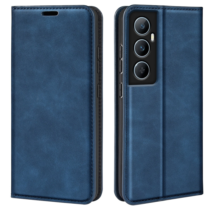 Dark blue magnetic leather phone case with flip cover and camera cutout.