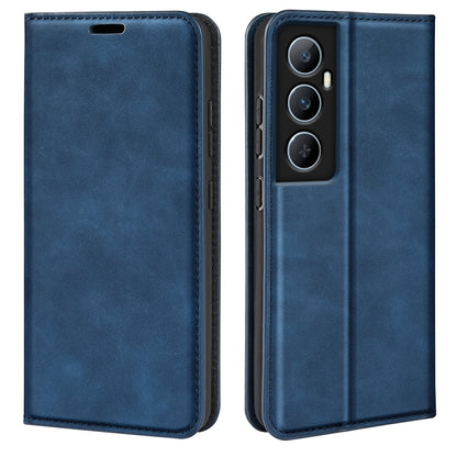 Dark blue magnetic leather phone case with flip cover and camera cutout.