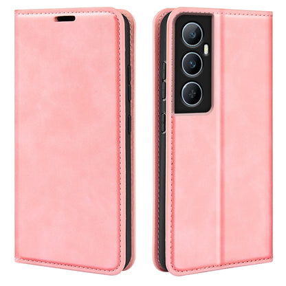 Pink magnetic leather phone case with flip cover and camera cutout.