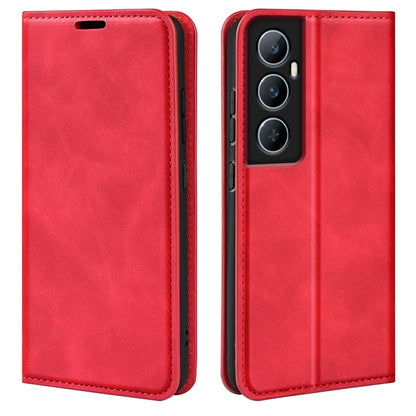 Red magnetic leather phone case with flip cover and camera cutout.