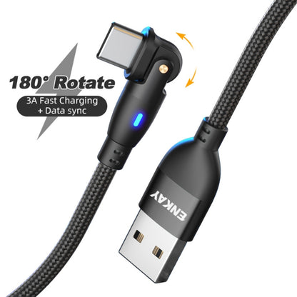 ENKAY 180 Degrees Rotating USB to Type-C 3A Fast Charging Data Cable with LED Light, 1m, 2m