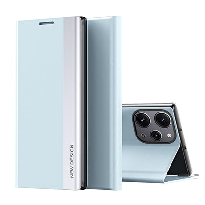 Light blue textured leather folio phone case with flip cover and built-in stand