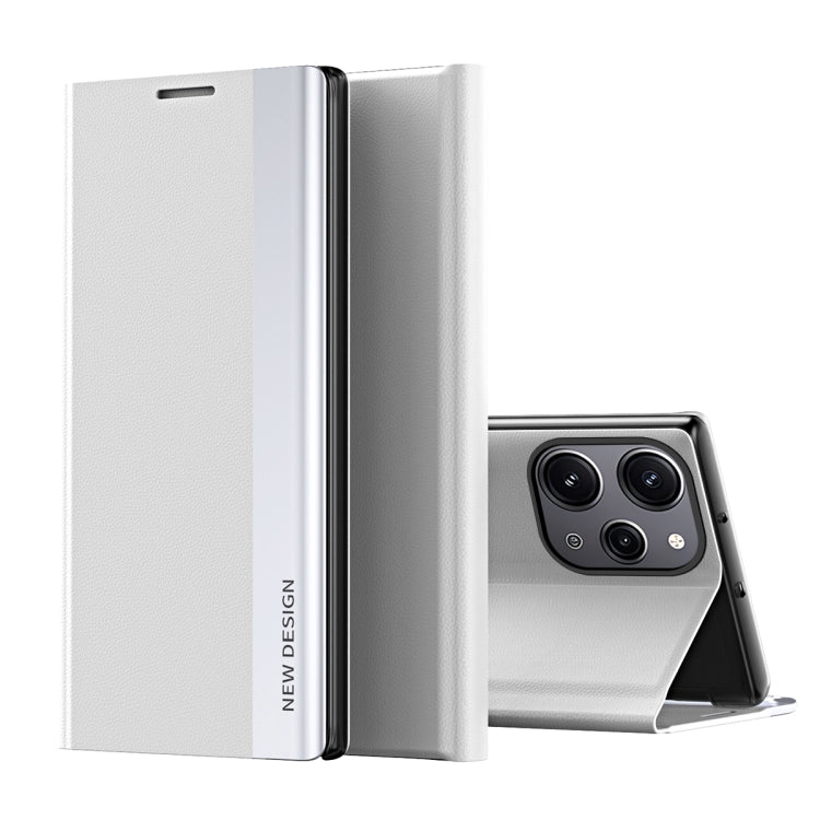 White textured leather folio phone case with gray interior and built-in stand