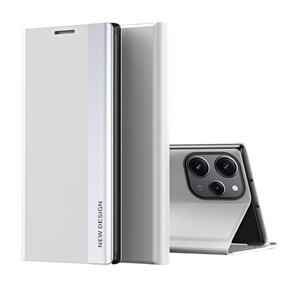 White textured leather folio phone case with gray interior and built-in stand