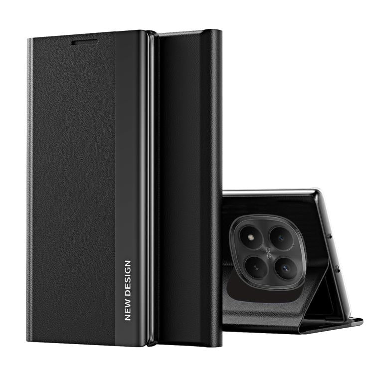 Black textured leather folio phone case with camera cutout and built-in stand