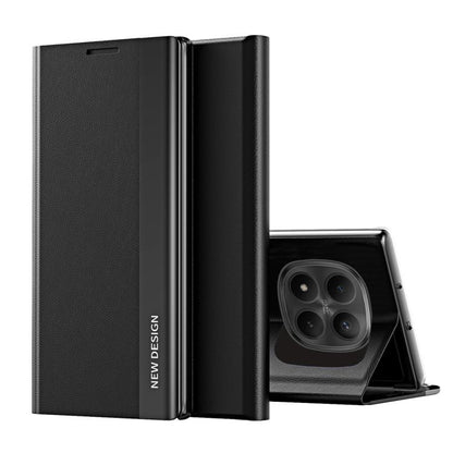 Black textured leather folio phone case with camera cutout and built-in stand