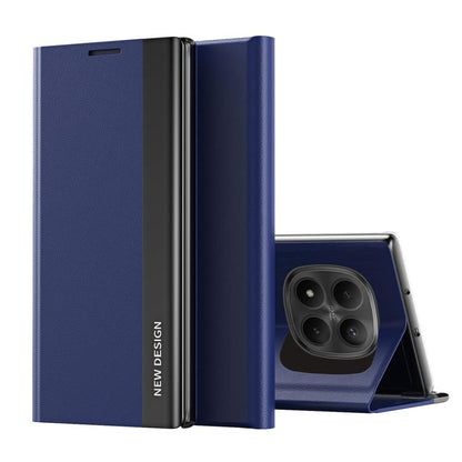 Navy blue textured leather folio phone case with camera cutout and built-in stand