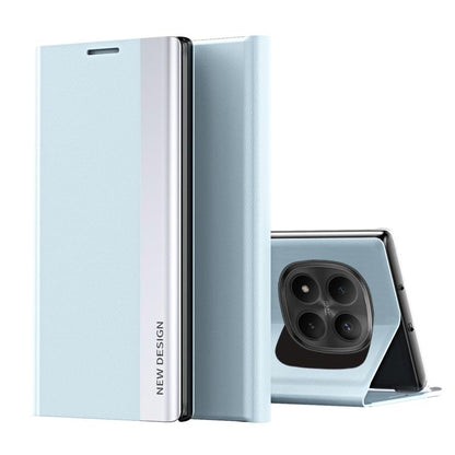 Light blue leather folio phone case with flip cover and camera cutout, with kickstand