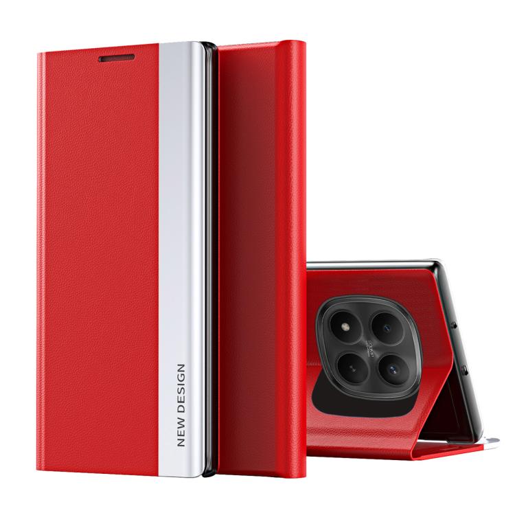 Red leather folio phone case with flip cover and camera cutout, with kickstand