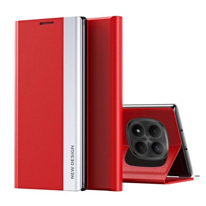 Red leather folio phone case with flip cover and camera cutout, with kickstand