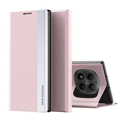 Pink leather folio phone case with flip cover and camera cutout, with kickstand