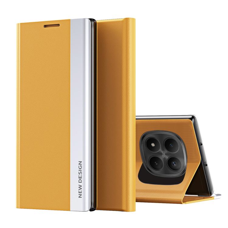 Yellow leather folio phone case with flip cover and camera cutout, with kickstand