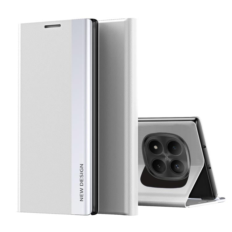 Silver gray leather folio phone case with flip cover and camera cutout, with kickstand
