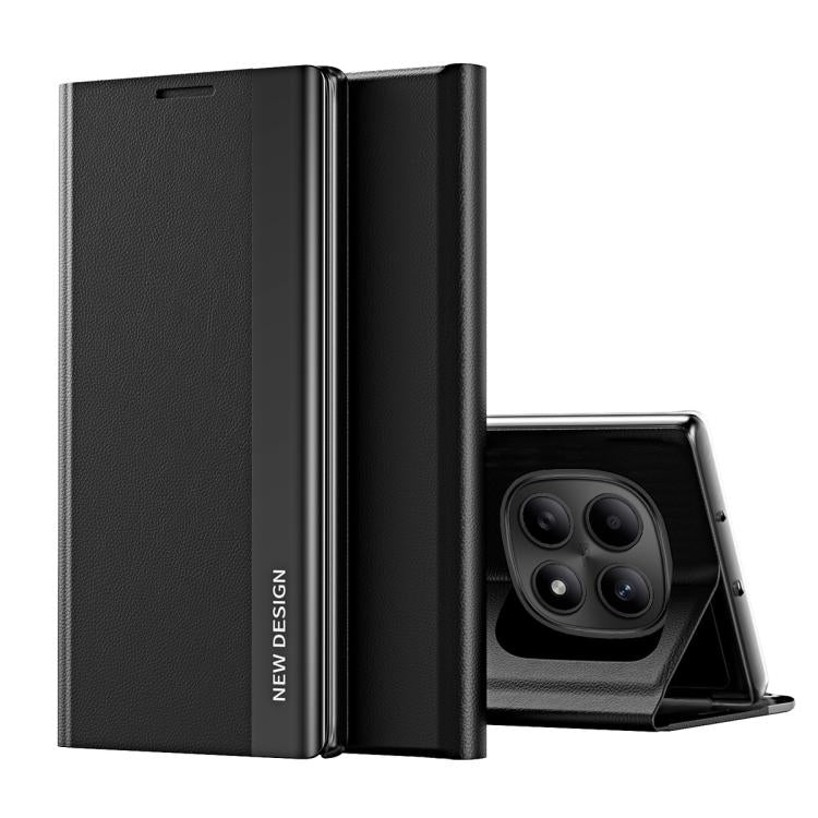 Black leather folio phone case with flip cover and camera cutout, with kickstand