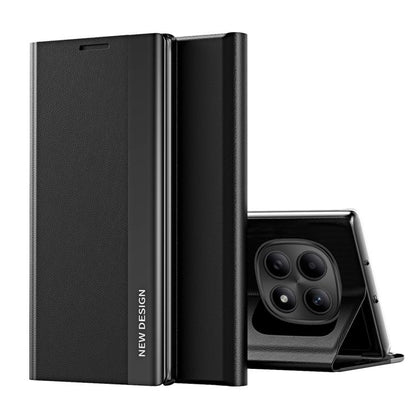 Black leather folio phone case with flip cover and camera cutout, with kickstand