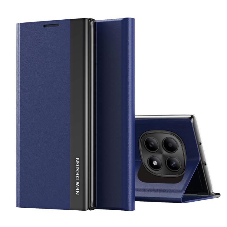 Dark blue leather folio phone case with flip cover and camera cutout, with kickstand