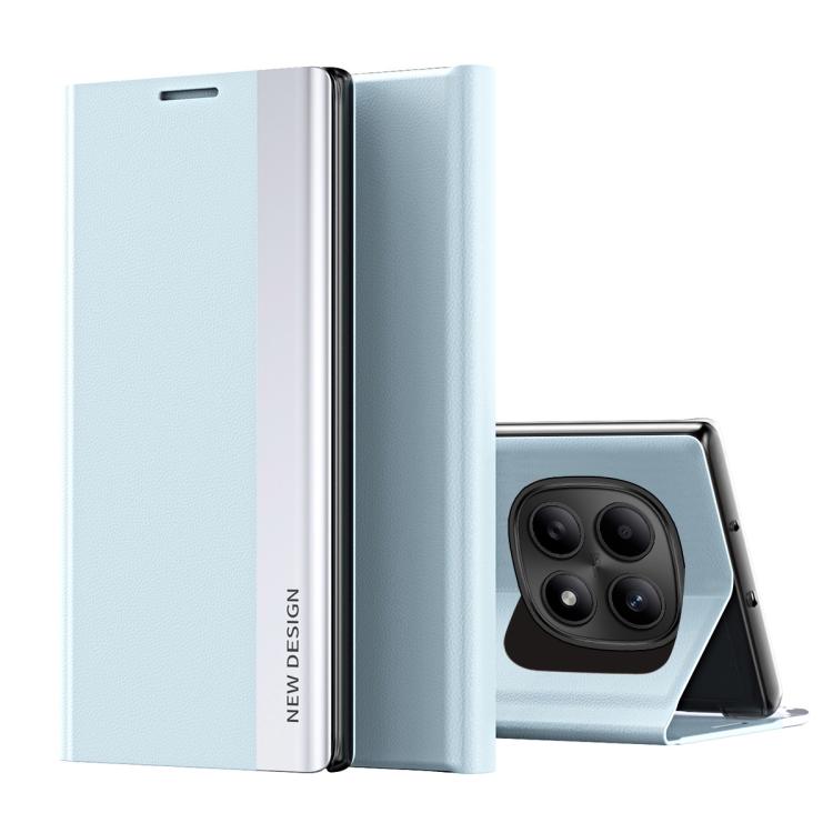 Sky blue leather folio phone case with flip cover and camera cutout, with kickstand
